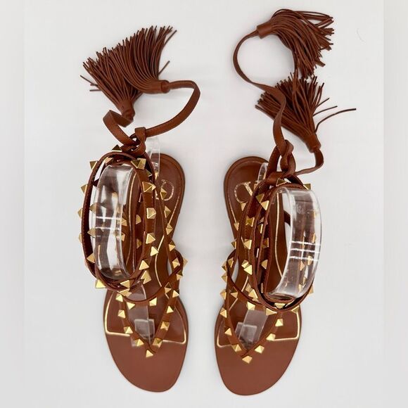 Valentino Garavani Rockstud Thong Sandals Brown Leather Gladiator Tie EU 38 US 8 - Picture 6 of 11